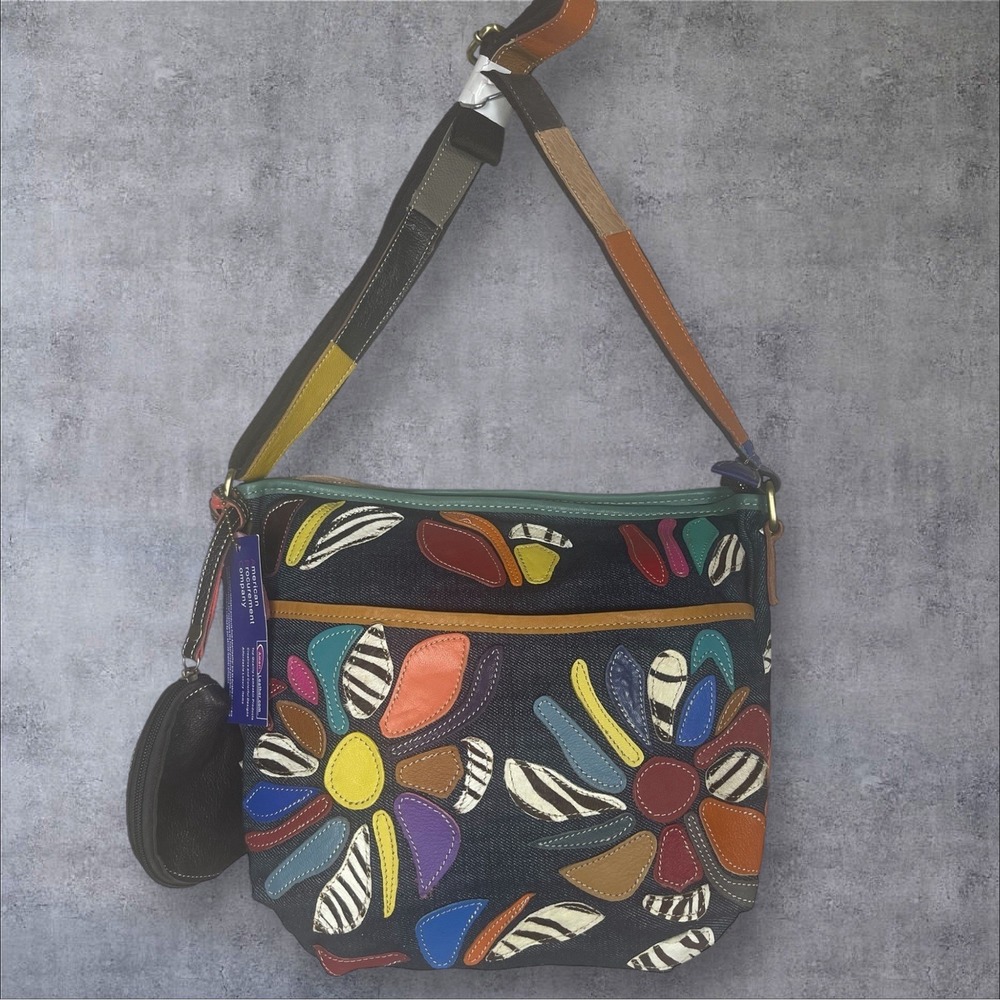AmeriLeather Tansy Leather And Denim Crossbody Bag Boho Western 70s 90s Vibes